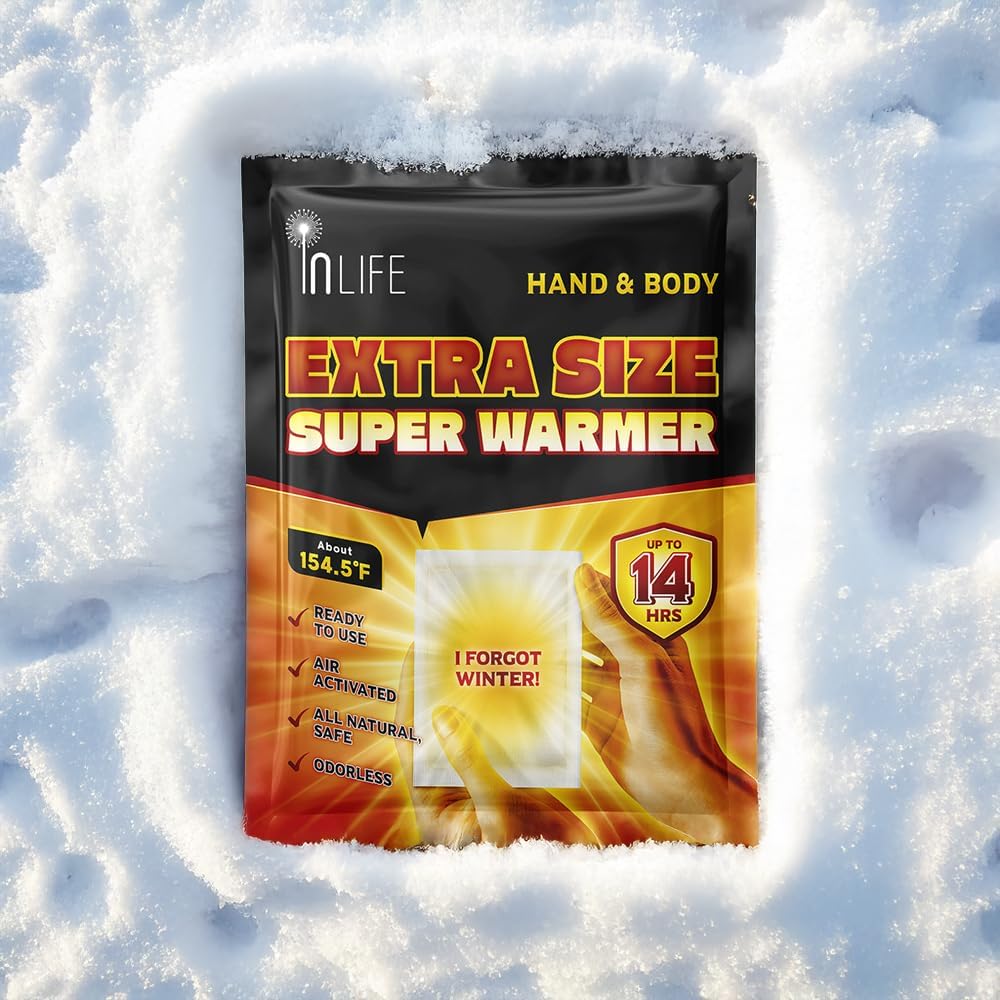 InLife Extra Size Super Warmer for Hands and Body, All Natural & Safe, Bigger & Wider Area Covered, Higher Heating 145°F, Air Activated, Easy & Comfort, Steady Longer Lasting, Odorless, 30 Packs