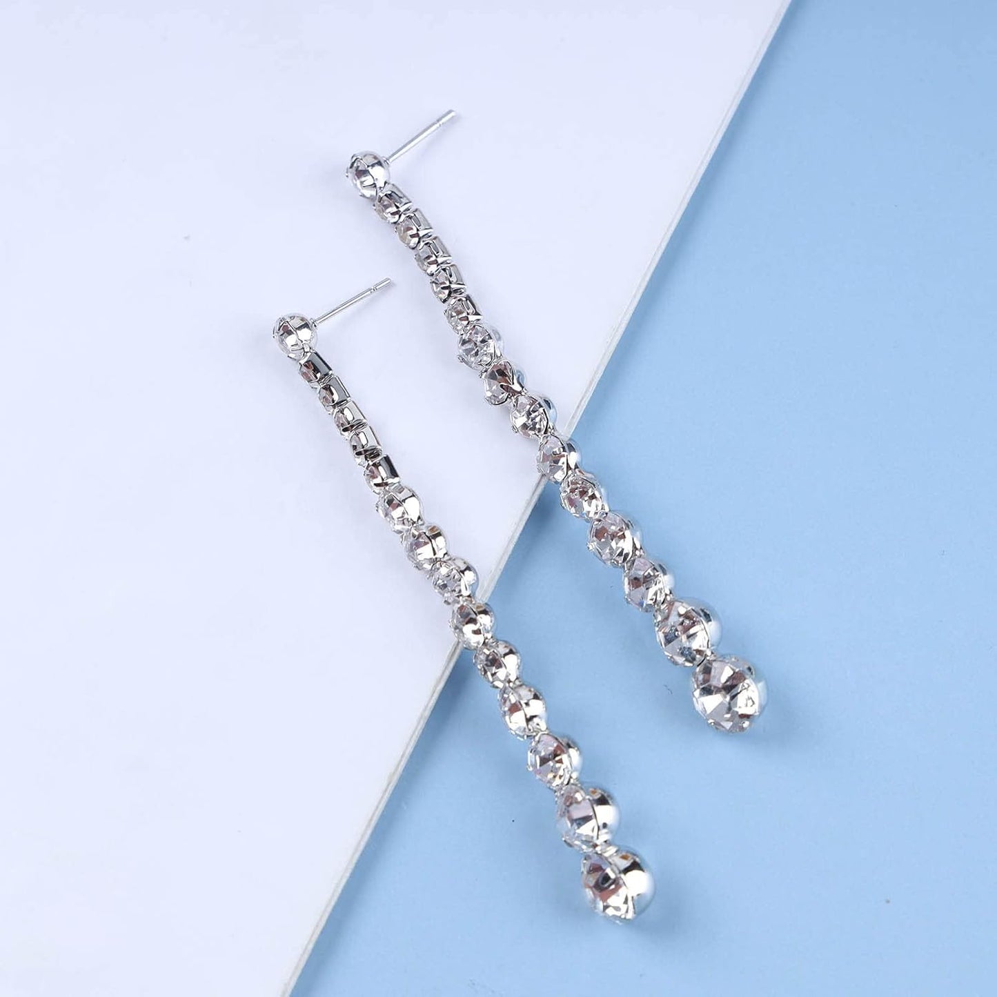 Vintage Rhinestone Chain Drop Earrings Silver Linear Crystal Earrings Sparkle Cz Tassel Earrings Long Cz Chain Stud Earrings Jewelry for Women and Girls