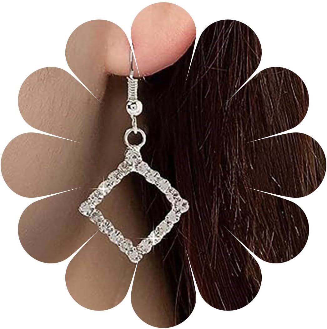 Vintage Crystal Square Drop Earrings Rhinestone Square Dangle Earrings Hollow Square Hook Earrings Silver Sparkly Cz Square Earrings Jewelry for Women