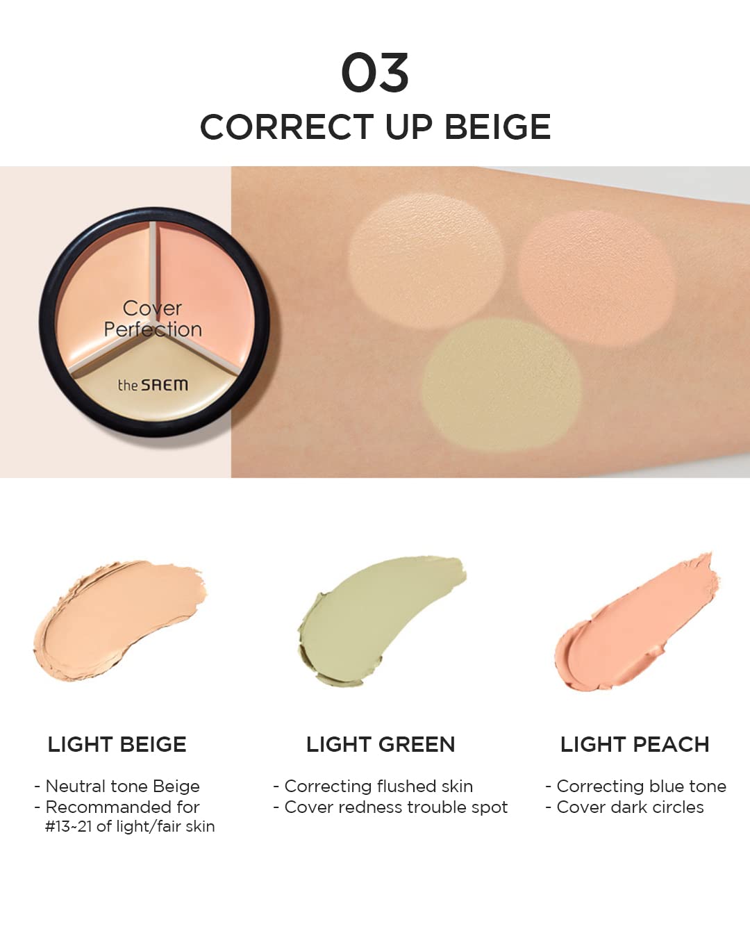 THESAEM Cover Perfection Triple Pot Concealer 03 Correct Up Beige + 04 Tone Up Beige - Fair to Light Skin Tone - 3 Color Full Coverage Concealer - Covers Pigmentation&Blemish Spots,Corrects Skin Tone