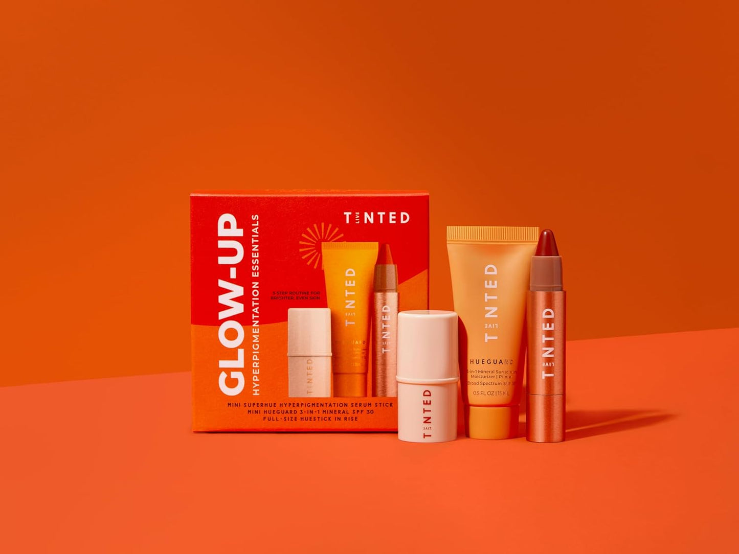 Live Tinted Hyperpigmentation Essentials Glow Up Set: Includes Mini Superhue Hyperpigmentation Serum Stick, Mini Hueguard 3-in-1 Mineral SPF 30, and Full-sized Huestick in Rise, 3-Piece Set