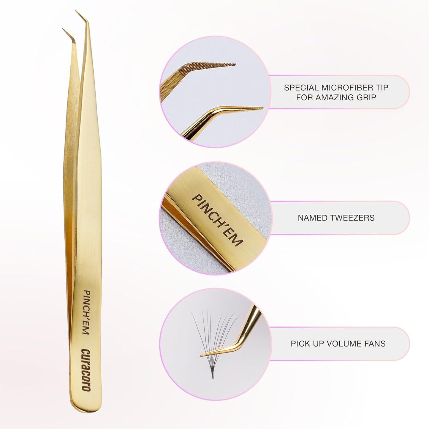 Curacoro Lash Tweezer - Professional & Precision Fiber Tip Grip Lash Tweezers for Eyelash Extensions, Multi Shapes & Purposes Tweezers for Volume, Isolation & Classic Lashes (Gold, Pinch'em)