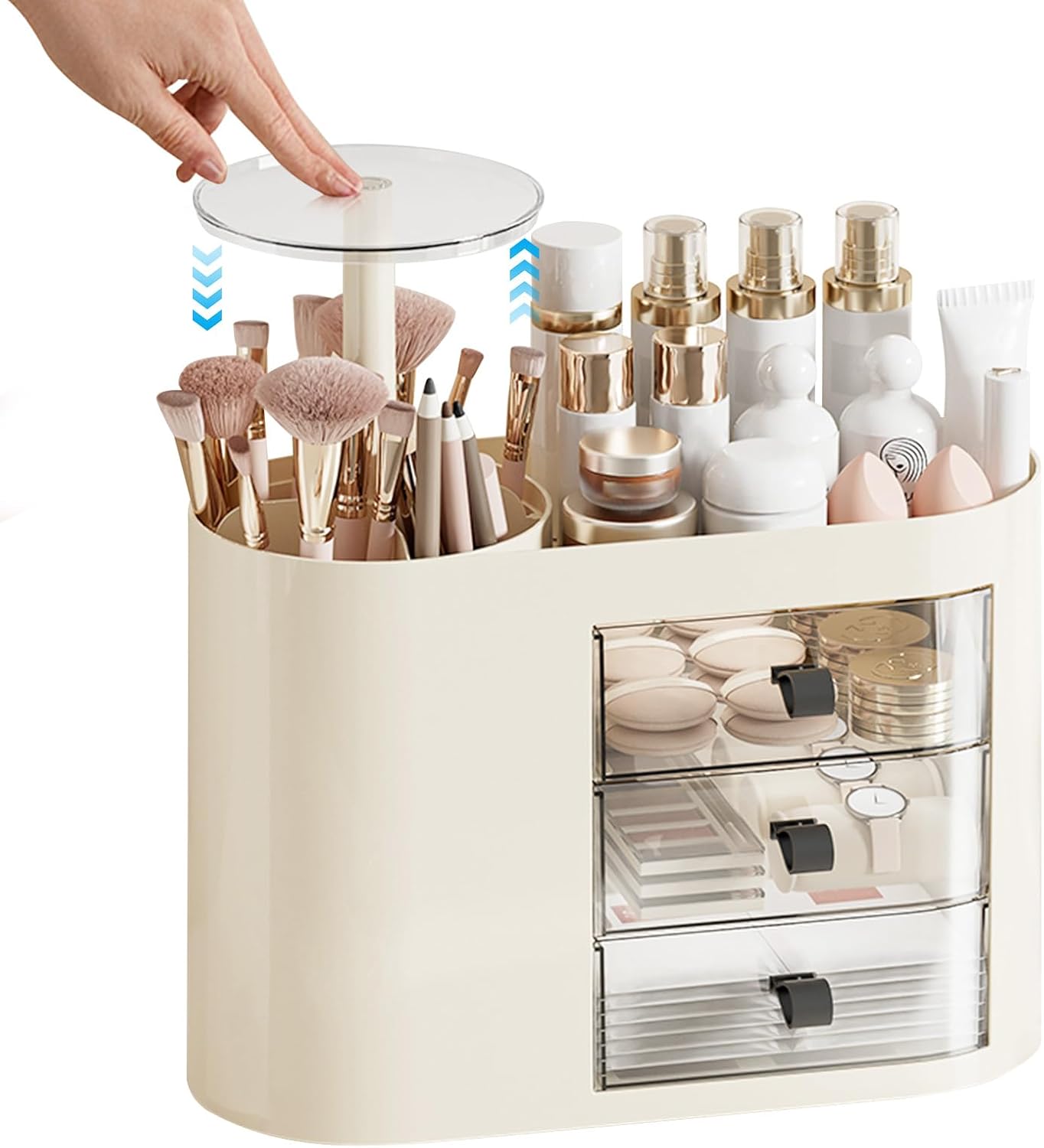 DASITON Makeup Organizer with 3 Drawers,Automatic Lifting Makeup Brush Holder with Lid,Large Capacity Makeup Organizers for Vanity,Bathroom Countertop,Ideal Storage Skin Care,Brushes,Lipstick (Cream)
