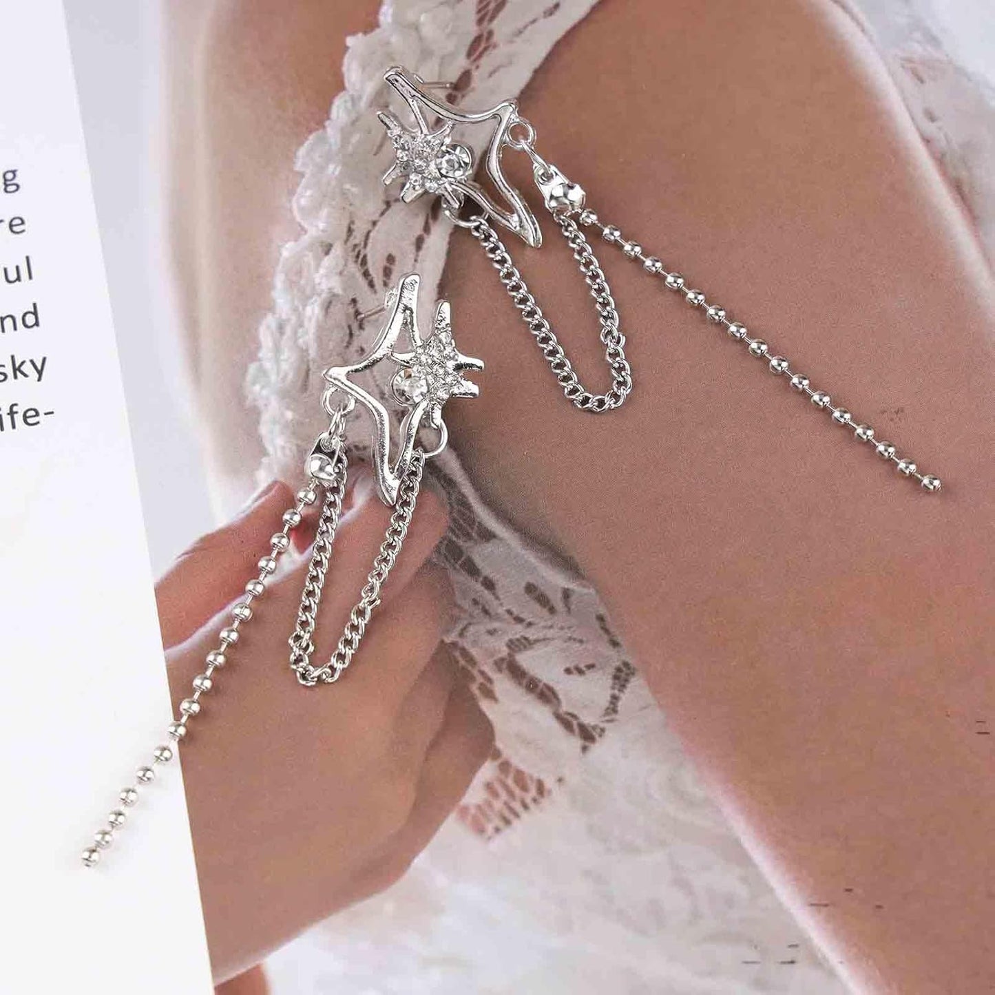 Vintage Crystal Northstar+Chain Drop Earrings Silver Tassel Chain Earrings Rhinestone Northstar Stud Earrings Long Beaded Chain Tassel Earrings Jewelry for Women