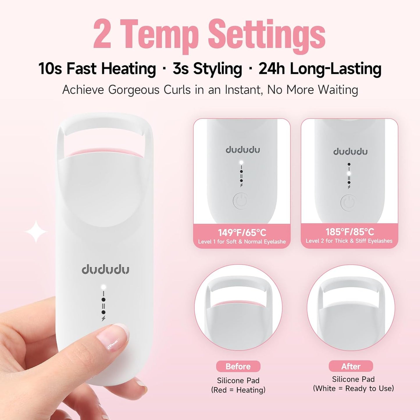 DUDUDU Heated Eyelash Curler, Portable Travel-Size Mini Electric Heated Lash Curler - 2-Level Adjustable Temp & Type-C Recharge, 10S Heat 3S Style 24H Lift for Long-Lasting Natural Effortless Curves