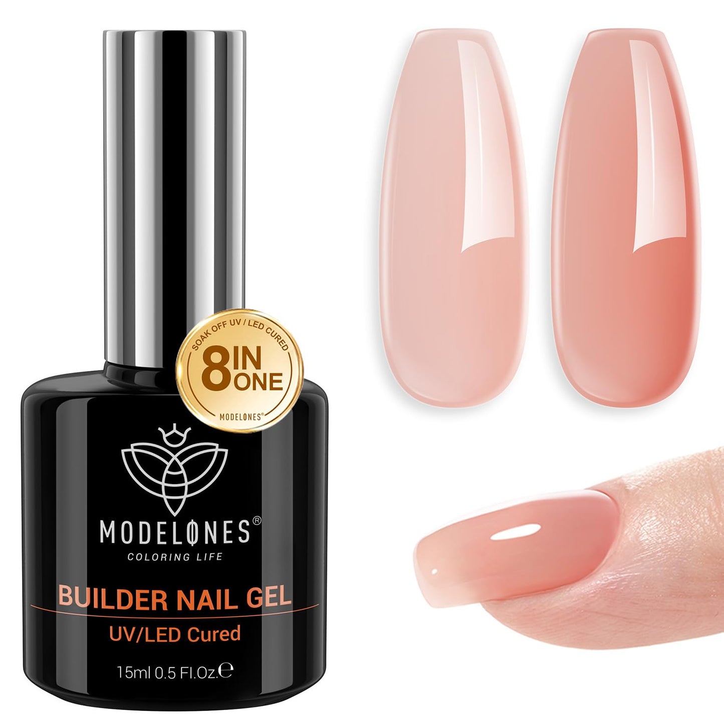modelones Builder Nail Gel, 8-in-One Sheer Nude Pink Builder, Apricot Blush Pink Rubber Base for Nail Thickening Apex Building LED Lamp Cured Hard Strengthener Extend Color Gel Polish for DIY Salon