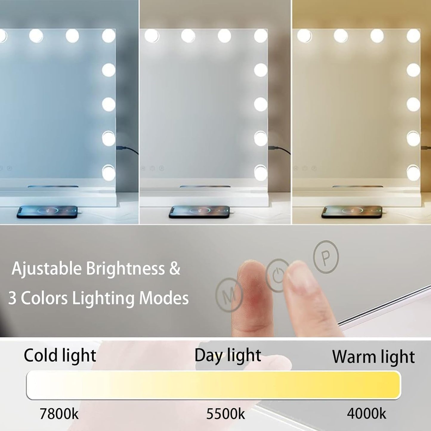 HIEEY Vanity Mirror with Lights, Hollywood Lighted Mirror with 15 Dimmable LED Bulbs, Makeup Mirror with Lights, and 5X Magnification Mirror, 3 Colors Modes,Touch Control, Metal Frame,White