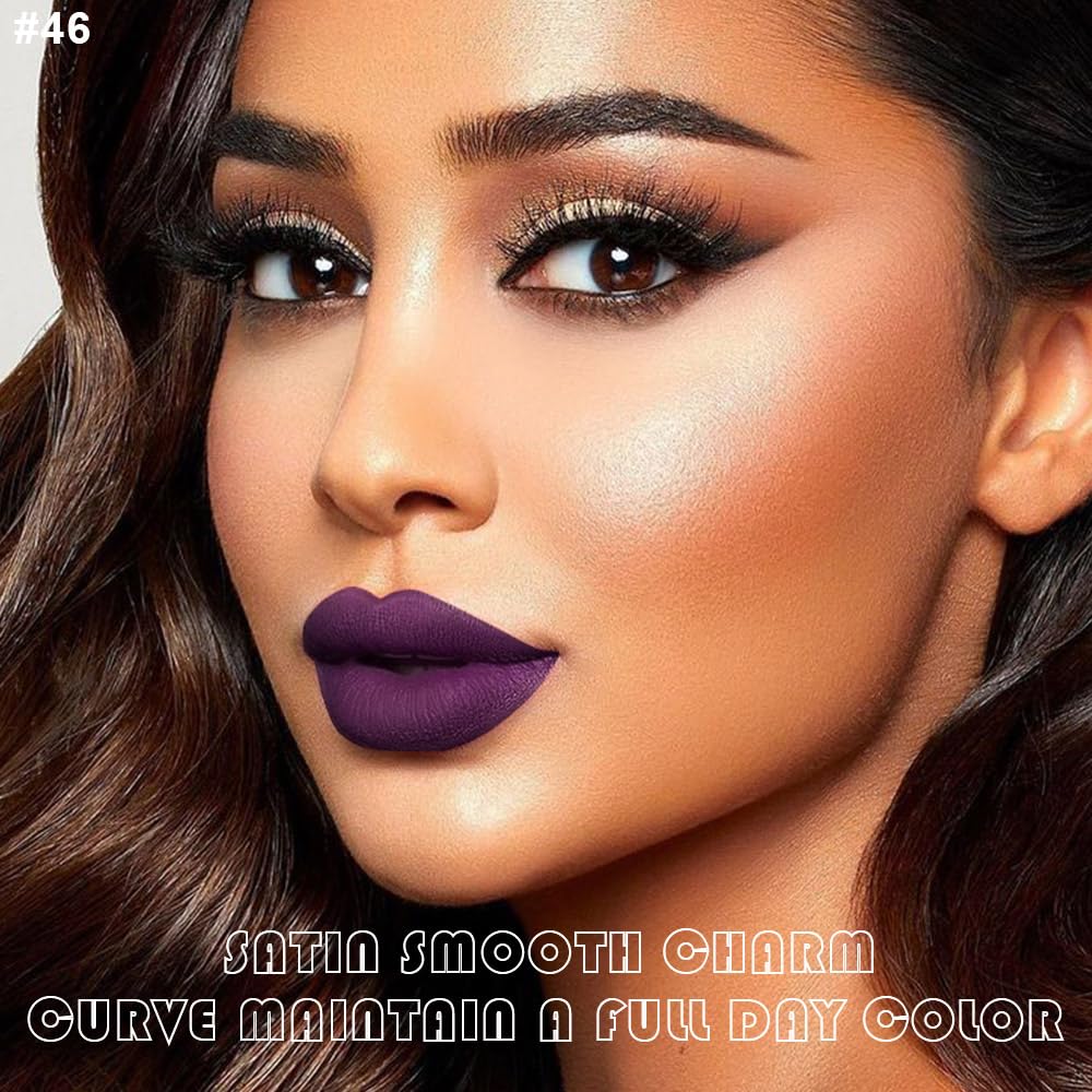 evpct 2Pcs Dark Deep Purple Matte Liquid Lipstick Lip Gloss Stain and Retractable Lip Liner Makeup Set for Women Long Lasting Waterproof 24 Hours Lipstick labial mate larga duracion 24 46#
