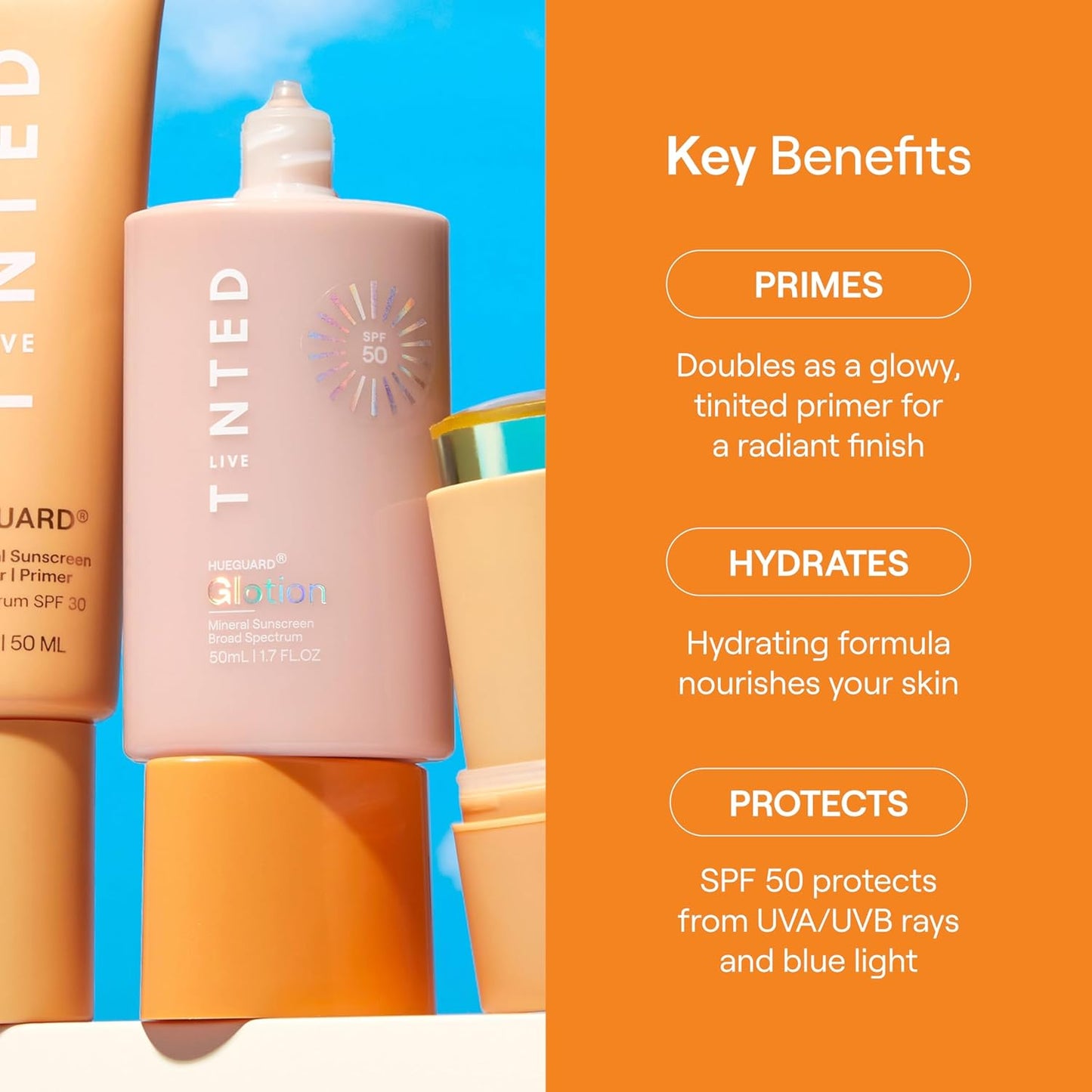Live Tinted Hueguard Glotion Mineral Tinted Sunscreen For Face SPF 50 – Lightweight Fragrance-Free Sunscreen – Hydrating & Brightening – Clean & Vegan Primer With SPF - Medium Deep .5 FL Oz