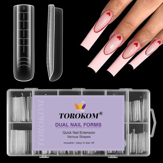 TOROKOM 120Pcs Poly Extension Gel Dual Nail Forms Square Clear Nail Forms Full Cover Coffin Nail Molds 12 Sizes for Gel Manicure Nail Art Design Salon&DIY