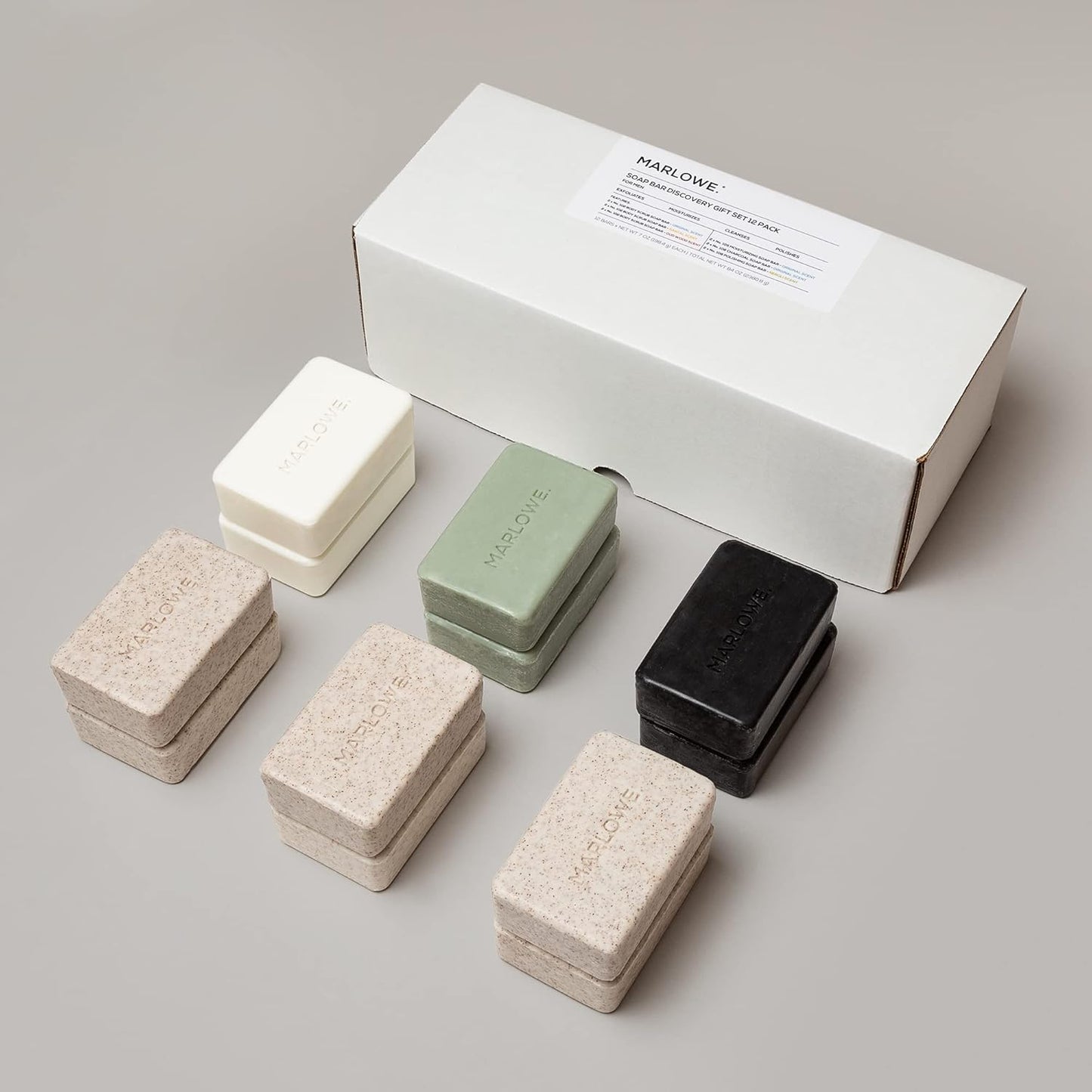 MARLOWE. Soap Bar Discovery Gift Set, Mens Skin Care Variety Selection of Exfoliating Body Scrub, Charcoal, Moisturizing & Polishing Body Bar Soaps for Men, 12 Pack