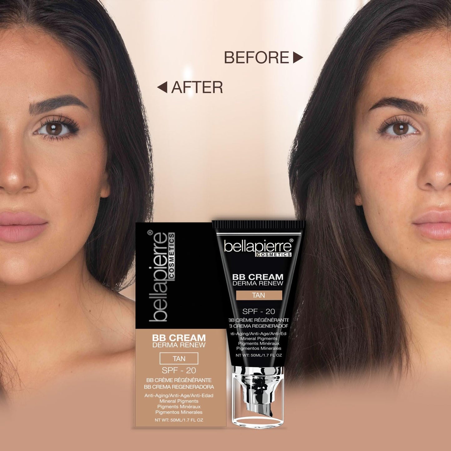 bellapierre BB Cream with SPF 20 - Tinted Sunscreen, Concealer, Matte Foundation, & Moisturizing Face Cream | Lightweight Formula + Pump Top Applicator | Non-Toxic & Paraben Free | 1.7 Oz - Tan