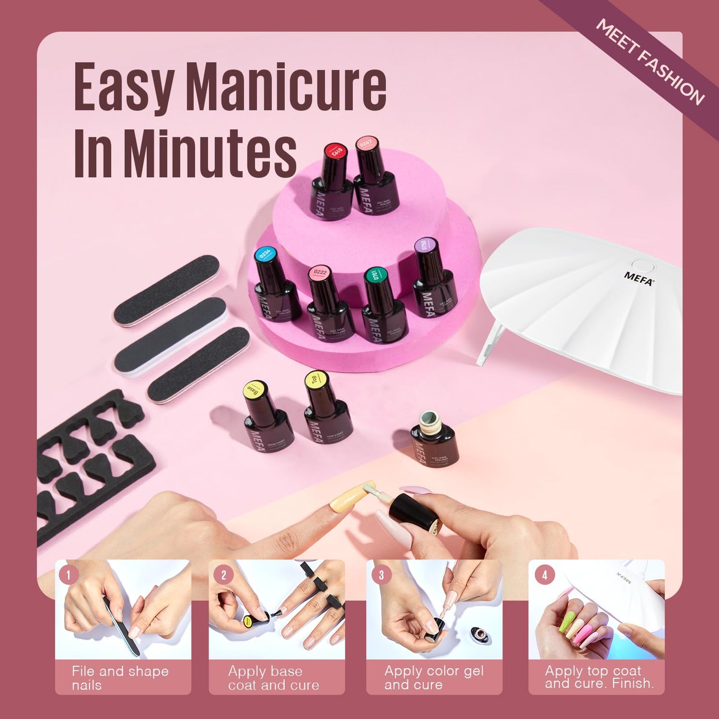MEFA 19 Pcs Gel Nail Polish Kit with U V Light, 12 Colors Fall Gel Nail Polish Set Burgundy Red Champagne Gold Glitter Soak Off Purple Manicure Tools Beginners Salon Art Nails Art DIY for Women