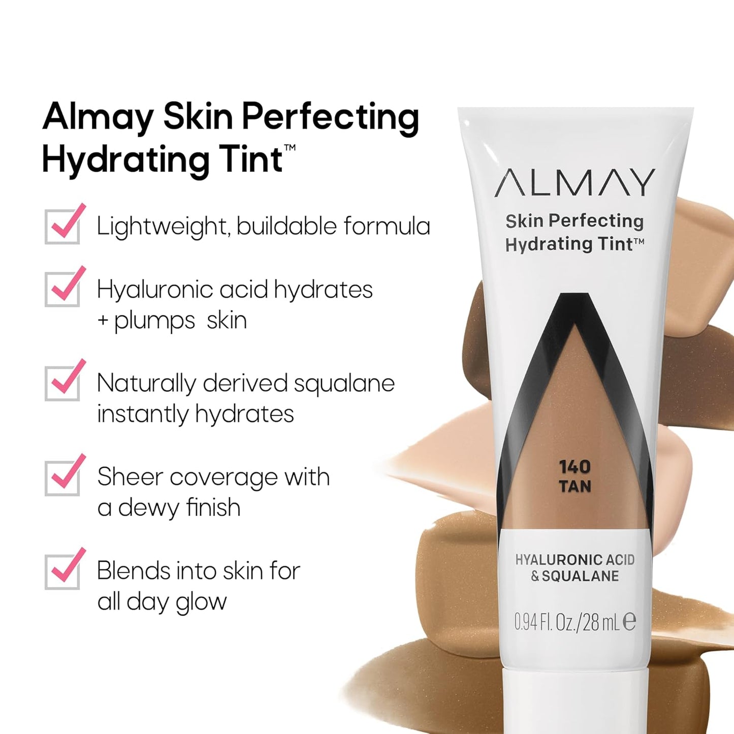 Almay Hydrating Liquid Foundation Tint, Lightweight with Light Coverage, Naturally Dewy Finish, Hypoallergenic, Dermatologist TestedFragrance Free, 140 Tan, 0.94 fl oz.