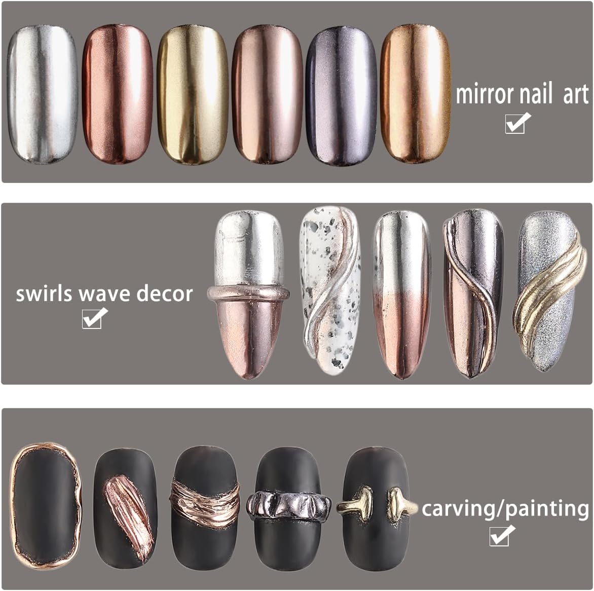 Chrome Nail Powder Set - 6 Colors Rose Gold Bronze Black Chrome Nail Powder, Mirror Effect for Nails, Metallic Rubbing Dust Chameleon Glitter Pigment Flakes, Manicure Salon Supplies