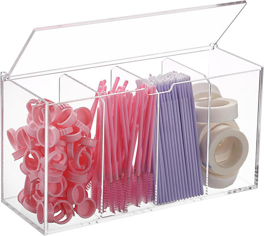 ELLDOO Lash Extension Organizer Box with Lid, Acrylic Eyelash Supplies Organizer Storage Box, 4 Compartments Bathroom Supplies Storage Container for Cotton Swabs, Balls, Pads, Floss Picks