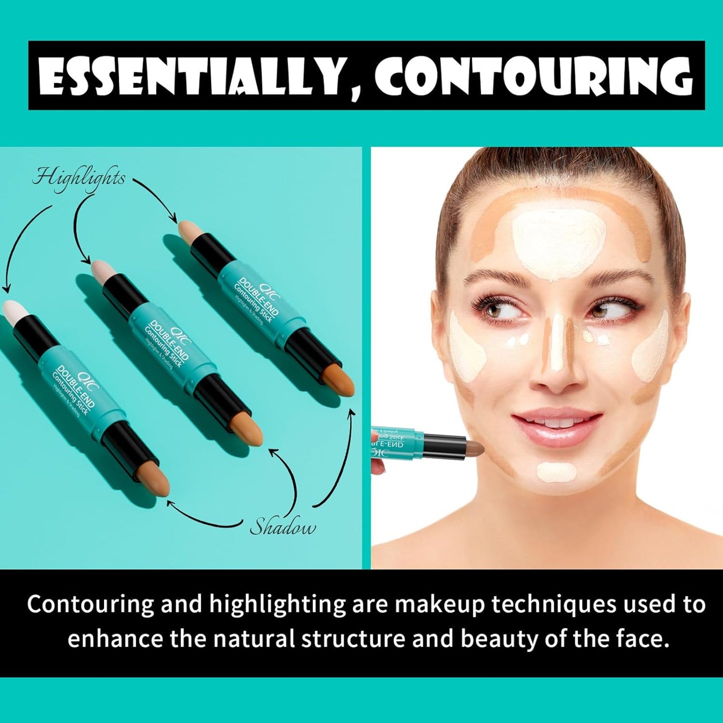 MEICOLY 2-in-1 Highlighter Contour Stick,Cool Toned Contour Stick,Makeup Highlighter Stick,Long Lasting Waterproof Bronzer Contour Pencil,Travel Cream Face Shaping Stick,02