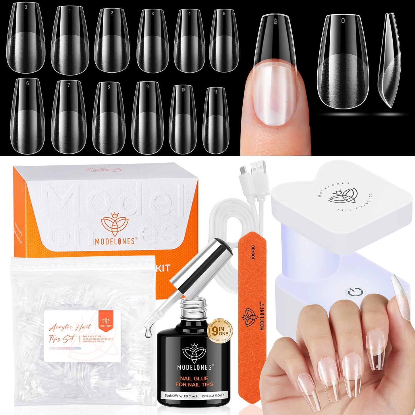 modelones Medium Coffin Gel Nail Tips Kit, 9-in-One Nail Glue with Portable U V Lamp 216Pcs 12Sizes Pre-Etched Press ons Fake Acrylic Extension Kit DIY Salon Gift for Women
