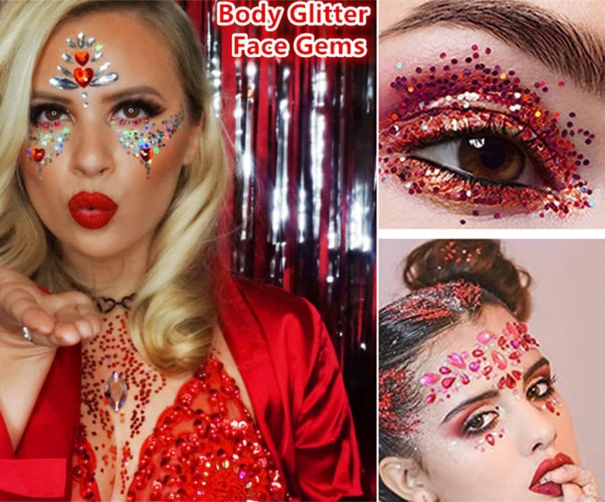 Go Ho Red and White Body Glitter Set,Singer Concerts Face Glitter Gel Makeup,Holographic Long Lasting Chunky Sequins Glitters for Eye Lip Hair Nails,Festival Rave Accessories,Red&White