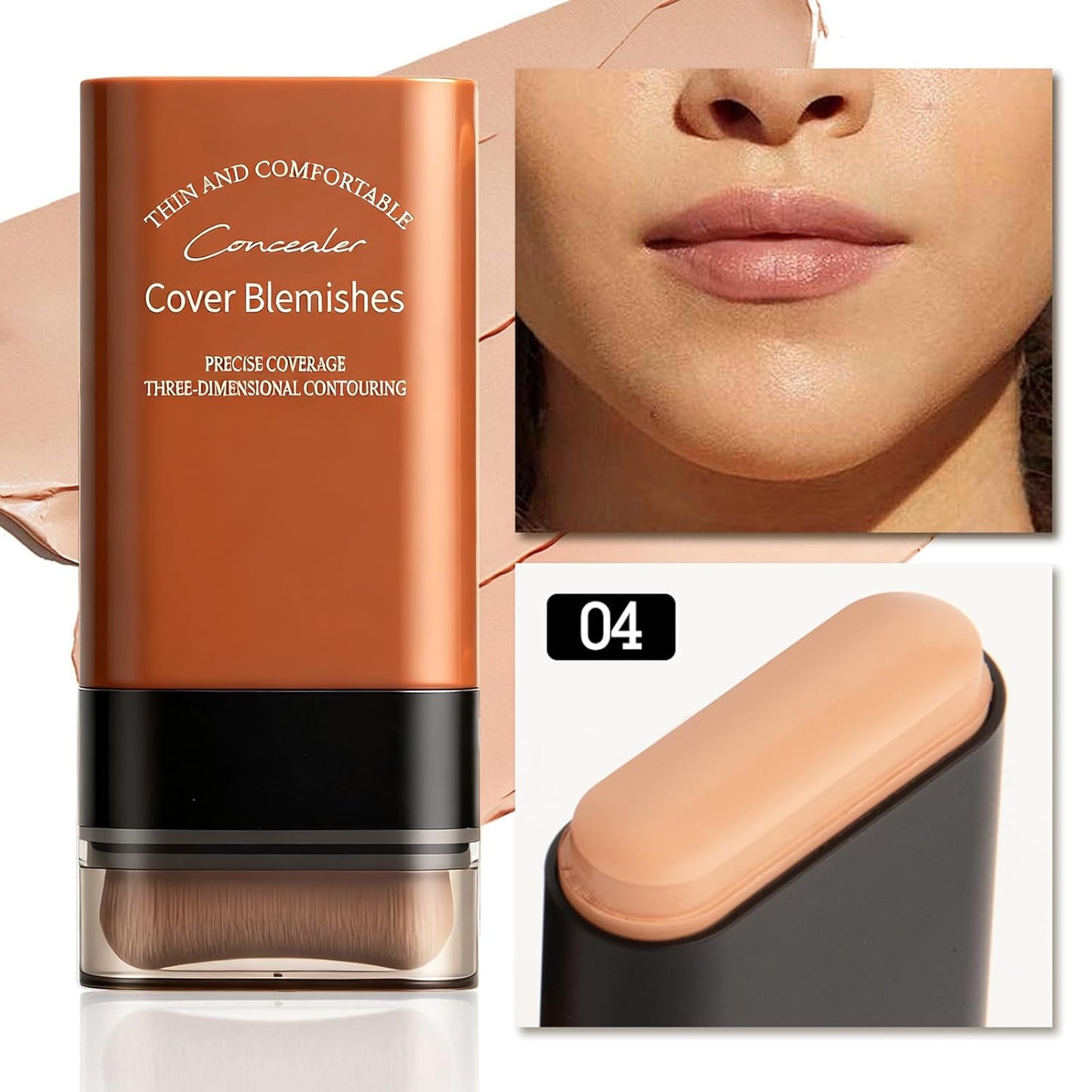 Face Foundation Concealer Stick,2-in-1 Long-wear Lightweight Contour Brighten Stick Blemish with Brush, Waterproof, Hydrating Full Coverage Dark Circles & Blemishes(4# Wheat Color)