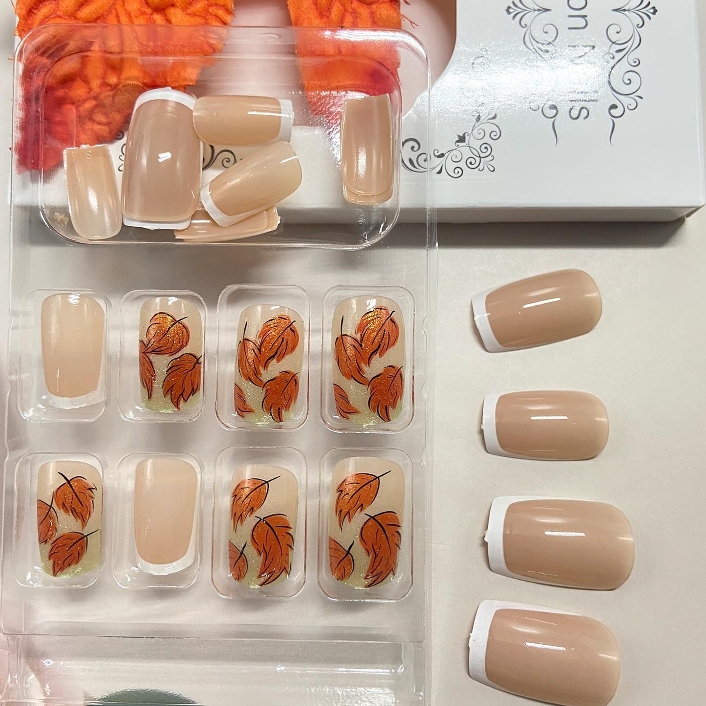 White French Tip Fall Press on Nails Medium Square Maple Leaf Fake Nails Glossy Thanksgiving Acrylic Glue on Nail Autumn Maple Leaves Artificial Stick on Nail for Women DIY Manicure