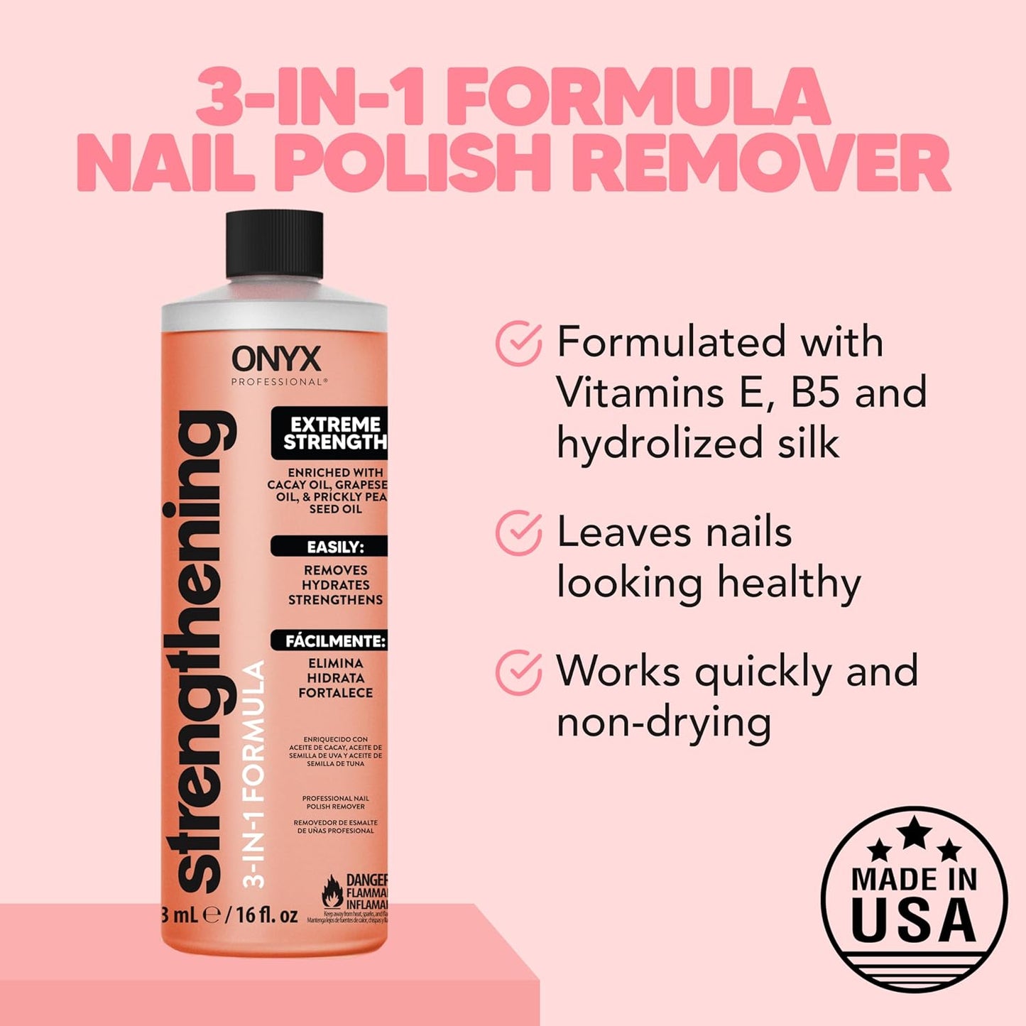 Onyx Professional 3-in-1 Strengthening Nail Polish Remover with 7 inch Nail File, 16 fl oz - Removes Nail Polish, Hydrates, Strengthens Nails | Infused with Grapeseed Oil, Cacay Oil, Cactus Seed Oil