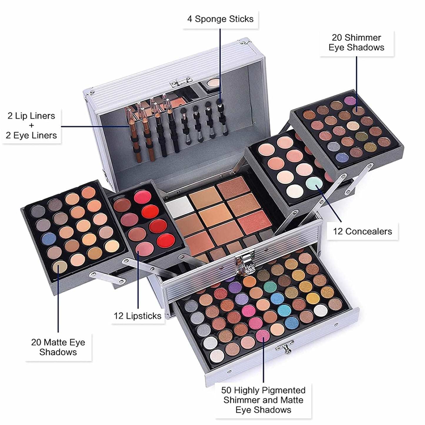 132 Color All In One Makeup Kit,Professional Makeup Case Set for Teen Girls, Multicolor Eyeshadow Palette(006N2-Silver)