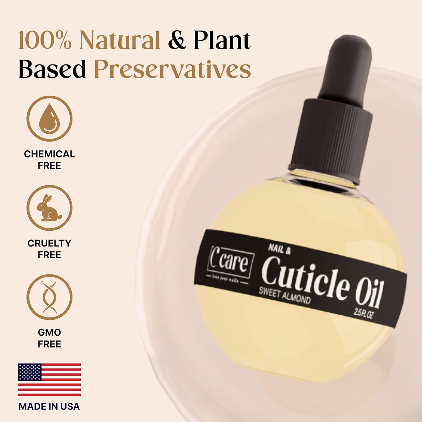 C CARE Sweet Almond Cuticle Oil For Nails - Repairs Cuticles Overnight - Moisturizes and Strengthens Nails and Cuticles - Dropper & Brush included - 2.5oz