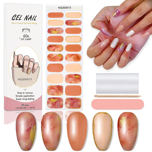 WOKOTO 20 Tips Pink Marble Design Semi-Cured Real Gel Nail Polish Strips Wraps Set With Nail File And Wood Stick On Full Press On Nail Stickers For Women Girls Gel Nail Strips Set Nail Gel Wraps
