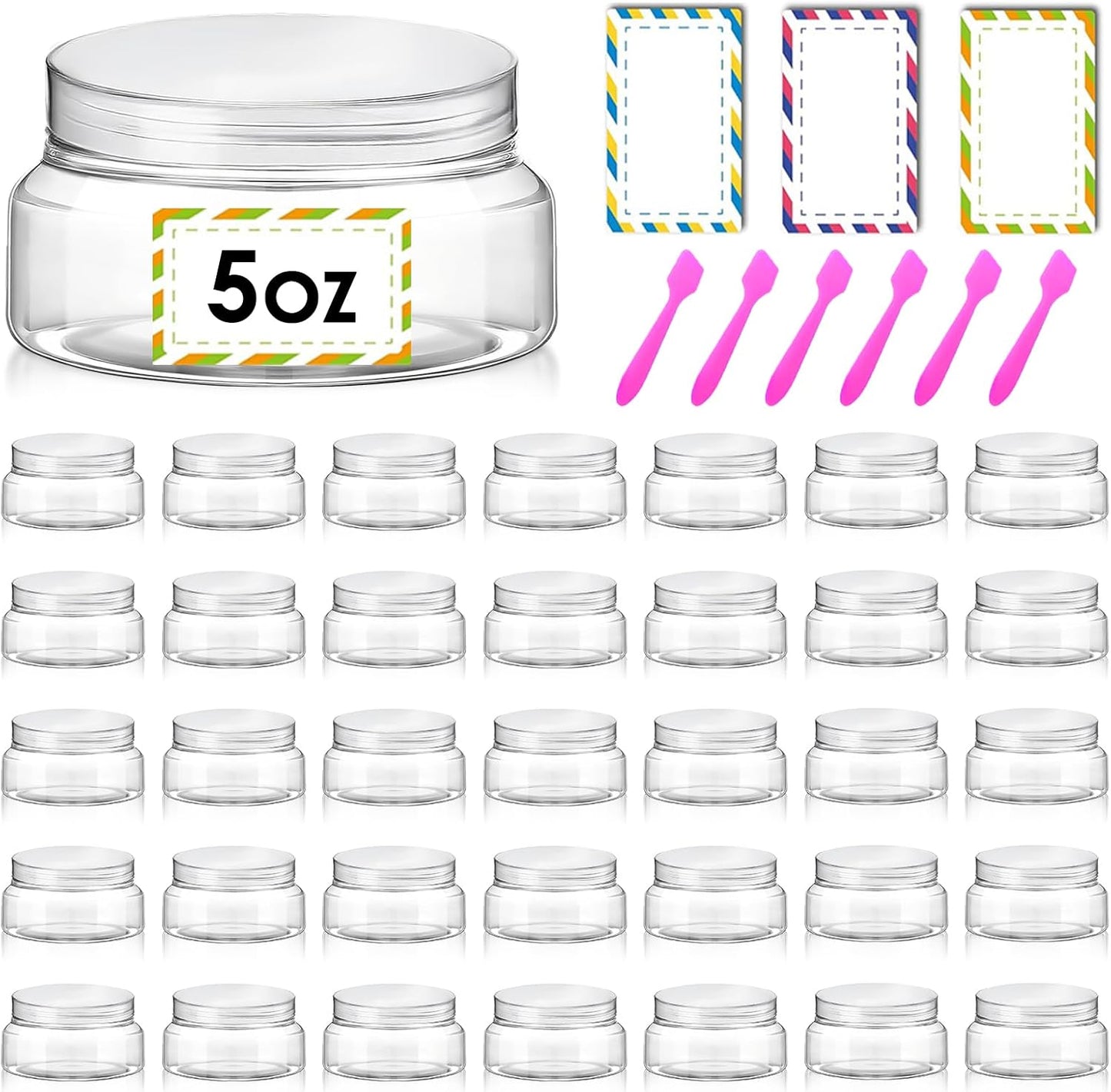 36 Pack 5 oz Plastic Cosmetic Containers With Lids Refillable Clear Empty Travle Jars Containers for Body Butter,Sugar Scrubs,Cream,Lotions,Candy, Waterproof Label&Spatulas - (Clear Lid)