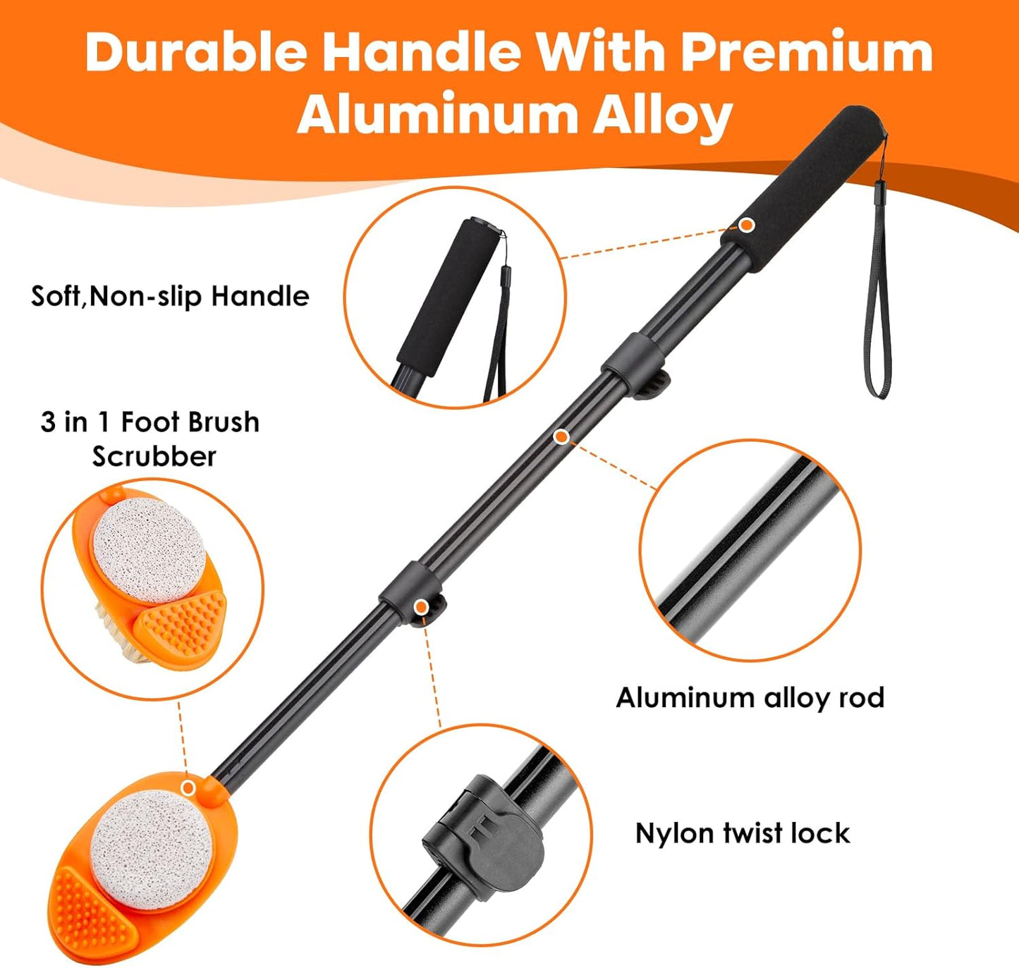 Foot Scrubber with Pumice Stone, 3 in 1 Adjustable Aluminum Tube 15”-28” Shower feet Dead Skin Remover, Foot Cleaning Brush for Seniors,Elderly, Disabled Men and Women