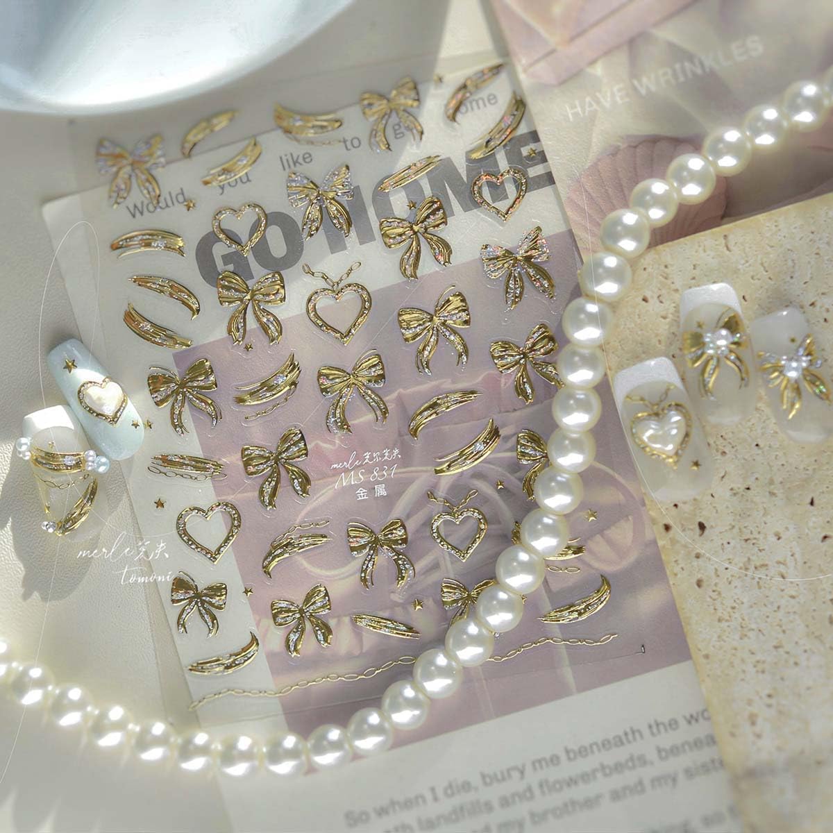 Gold Bow Nail Stickers for Nail Art Heart Bow Nail Decals Coquette Stickers for Nails 3D Self Adhesive Nail Art Supplies & Decorations for Women Girls,1 Sheet DIY Manicure Decor