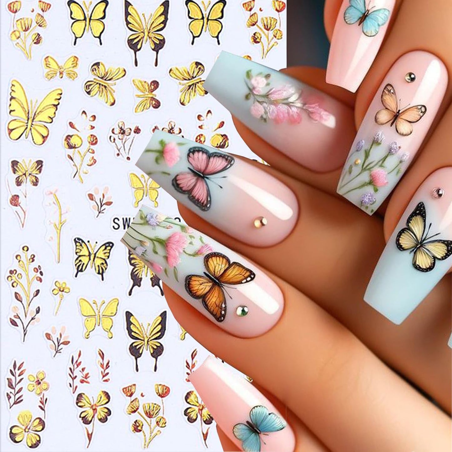 Butterfly Nail Art Stickers 3D Self-Adhesive Nails Sticker Gold Butterflies Nail Decals Holographic Spring Decal Decoration for Women Blue Butterfly Manicure Stickers DIY Nail Art Sticker Supplies