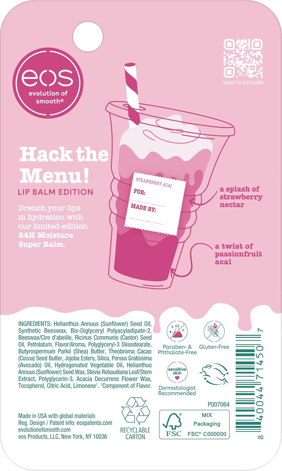 eos 24H Moisture Super Balm - Strawberry Acai, Lip mask, Moisturizing, Lip Treatment, Limited-Edition Skincare, 0.35 fl oz