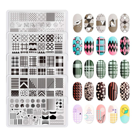 Mr.Fox Nail Printing Board Set Geometric Motif Lines Round Plaid Diamond Pattern Art DIY hot Stamping Template, etc