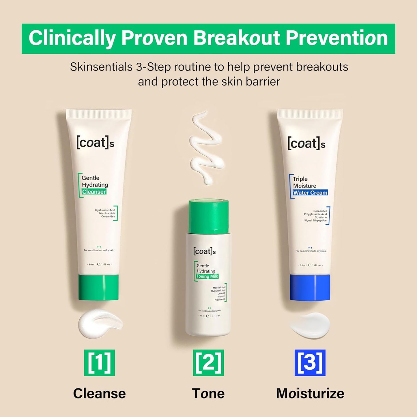 Coats Skinsentials Starter Bundle – Travel-Size Cleanser 1 oz, Toner 1 oz & Moisturizer 1 oz – 3-Step Regimen Prevents Breakouts and Protects Skin Barrier with Ceramides, For Women and Men