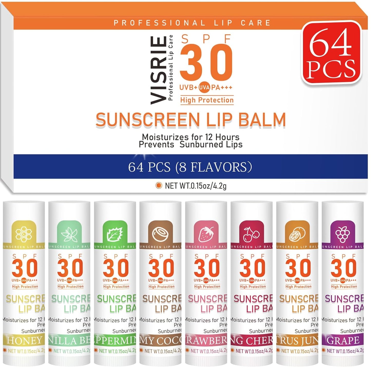 SPF 30 Sunscreen Lip Balm, Bulk Travel Size-64 Pack, Hydrating with Vitamin E & Coconut Oil- 8 Flavors