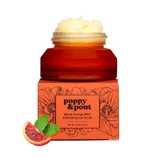 Poppy & Pout Natural Lip Scrub, Moisturizing Sugar Scrub for Dry Lips, Lip Scrubber Exfoliator with Essential Oils Smooths and Hydrates Lips, In Recyclable Glass Jars, Cruelty Free - Blood Orange Mint