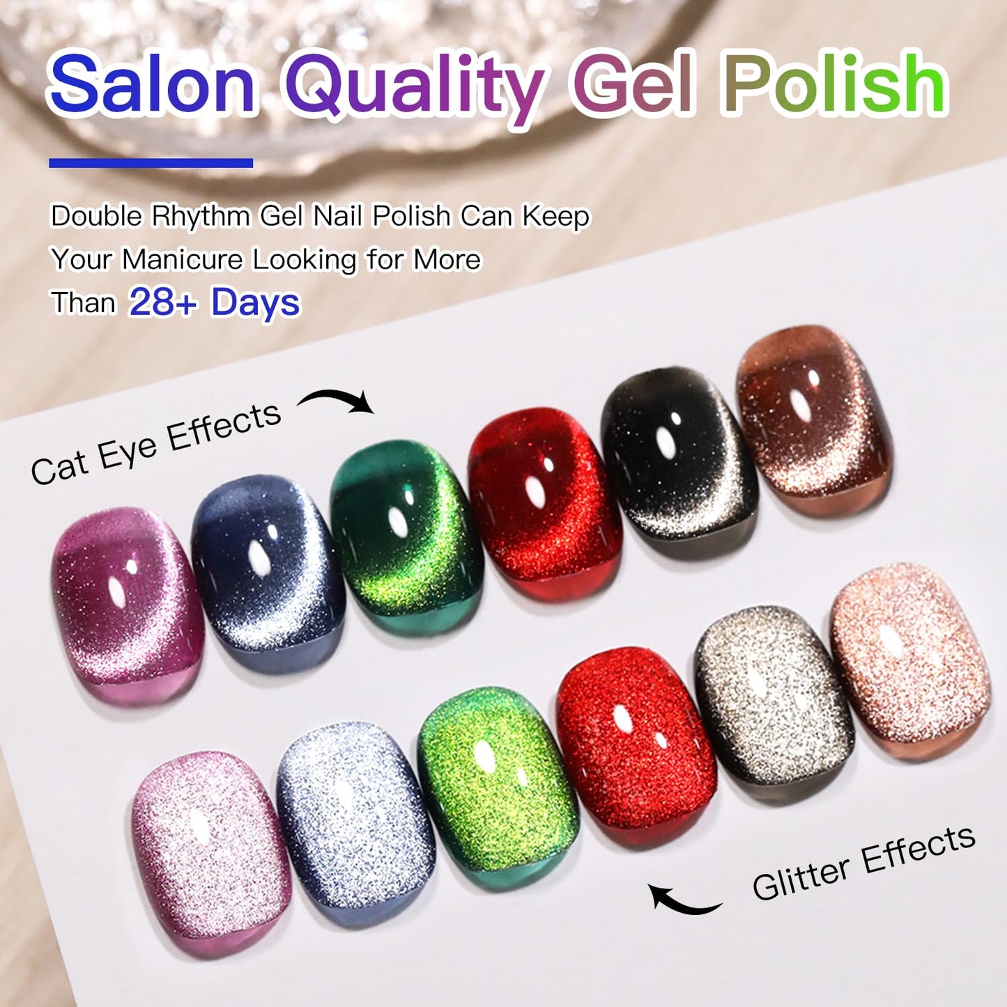 Double Rhythm 6 Colors Cat Eye Gel Polish Set Shimmer Glitter with Magnet Holographic Reflective Magnetic UV Nail Art Kit (6-Kit 26)