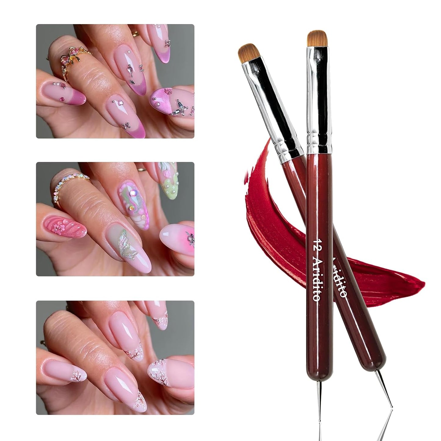 4Pcs Professional Acrylic French Manicure Clean-Up Brushes & Dotting Pens - Red Wood Handles, Precision Tips (#10#12#14#16) for Nail Art, Cuticle Care