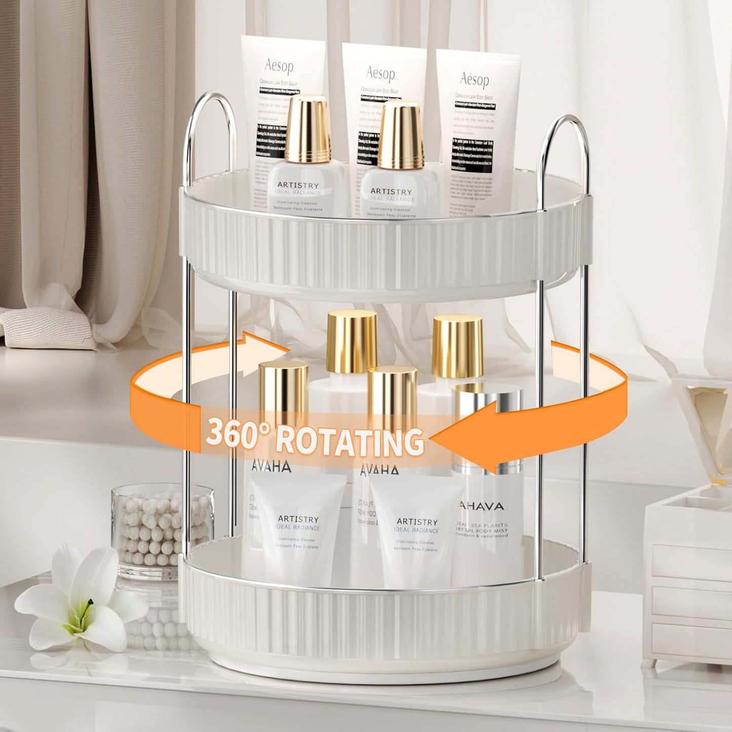 Rotating Makeup Organizer for Vanity, 2 Tier High-Capacity Skincare & Makeup Storage, Perfume Organizer, Cosmetic Dresser, Countertop 360 Spinning