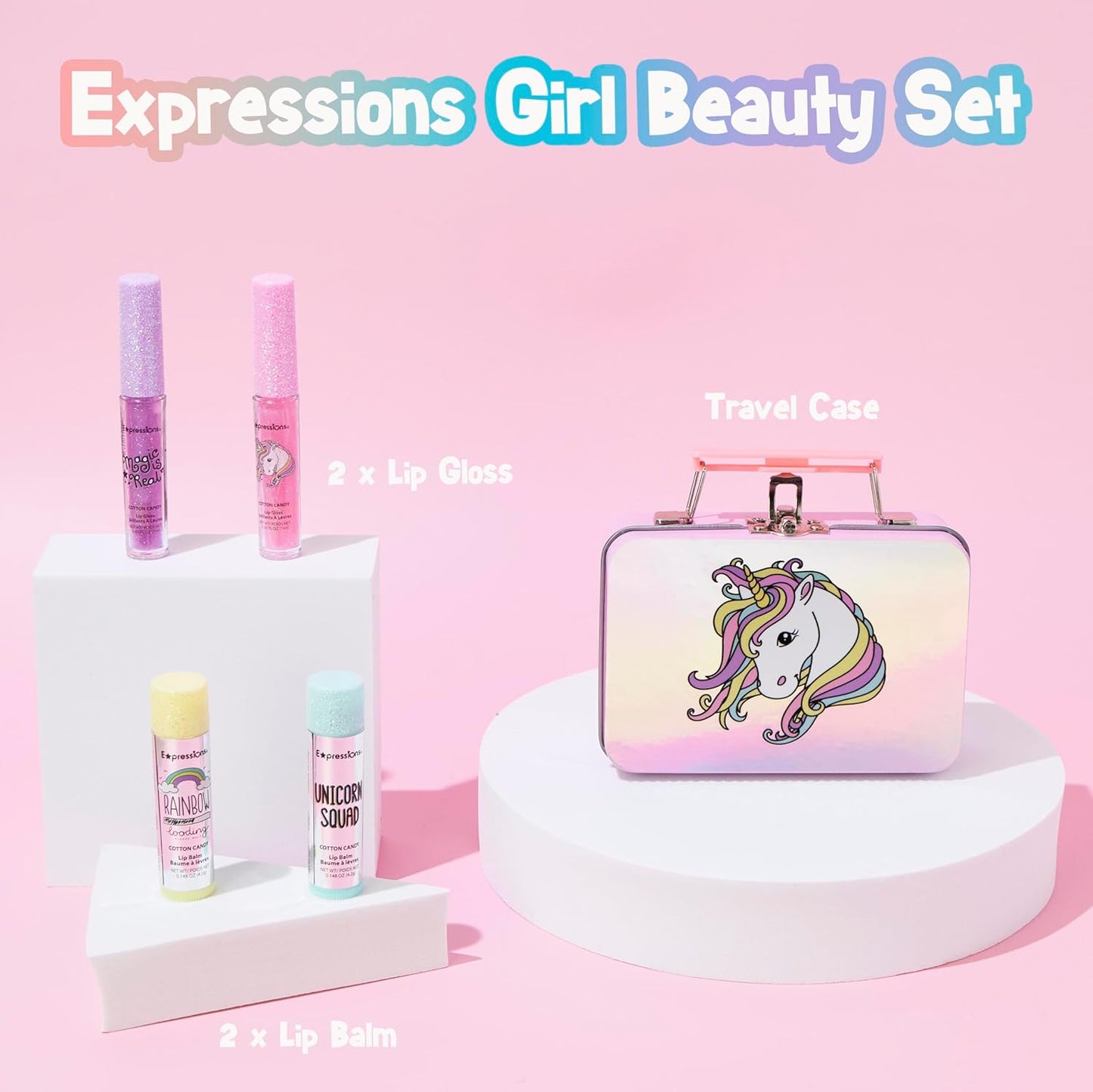 Expressions - 5pc Cosmetics Lip Kit For Kids w/Lip Glosses, Lip Balms & Tin Box Storage Case,I Believe in Unicorns Hologrpahic,Washable + Non Toxic