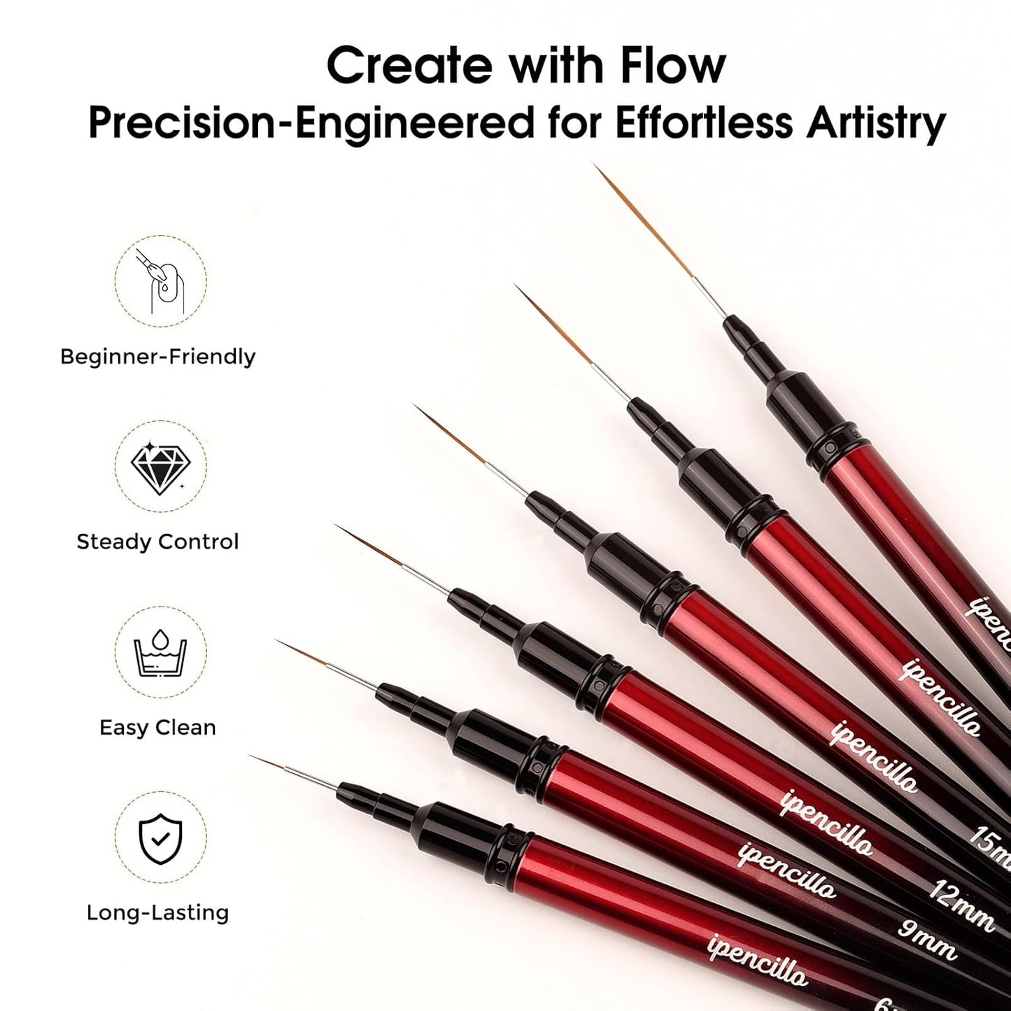 Nail Art Brushes, 6 Pcs Nail Liner Brushes for Nails, Nail Brushes for Nail Art Lines, Details, Edge and Plaid, Nail Art Brushes with Cap, Thin Liner Brushes Sizes 6/9/12/15/18/25 mm, Black