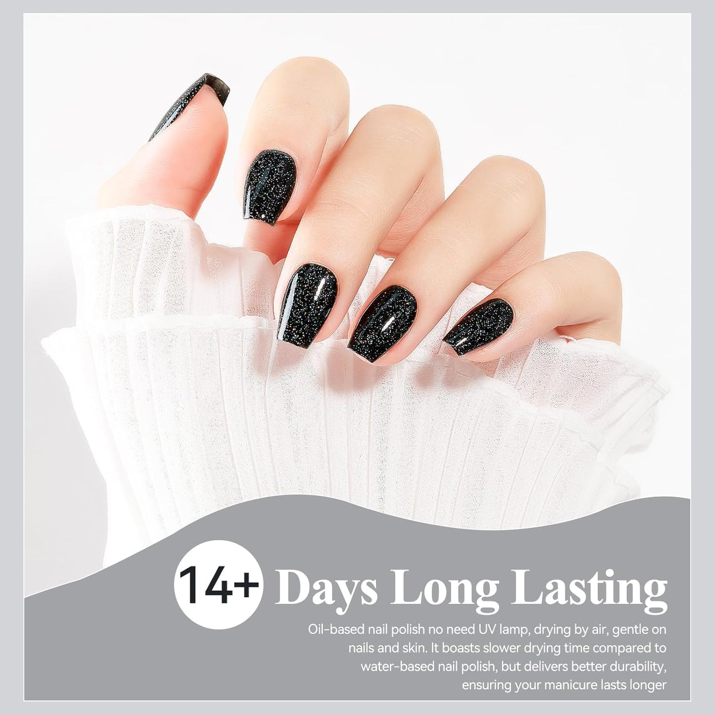 Nail Polish Quick Dry, Black Glitter Nail Lacquer Air Fast Drying, Sparkle Mooncat Nail Pigment Oil-based High Coverage Holographic Fingernail Concealer Polish, 1PC 12ML Long Wear