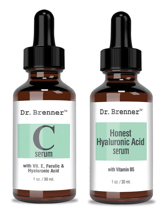 Vitamin C Serum 20% Pure L-Ascorbic Acid, Ferulic Acid, Vitamin E and HA and Hyaluronic Acid Serum with Vitamin B5 for Face and Eyes Natural Anti Aging Anti Wrinkle Set of 2 by Dr. Brenner