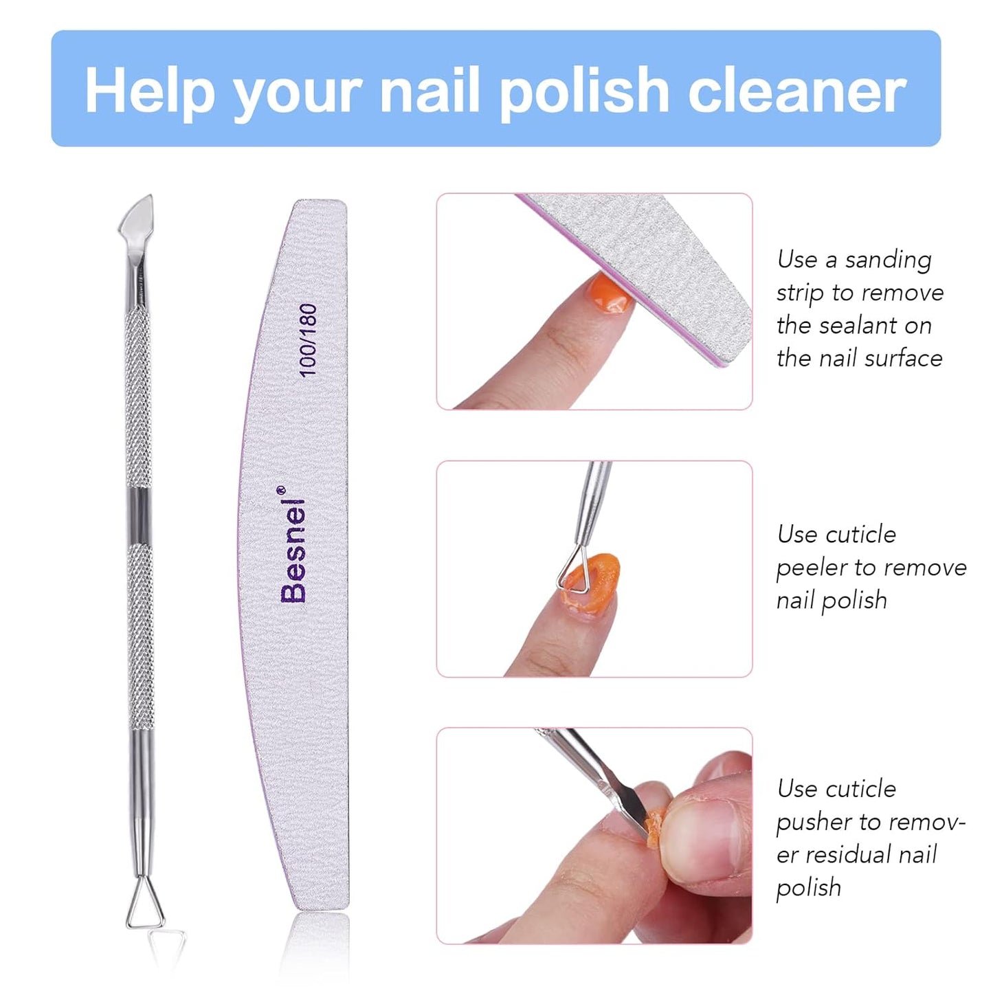 Gel Nail Polish Remover 5 Pack Professional Gel Polish Remover Non-Irritating Quick Easy,Nail Polish Gel Remover Tools Kit Nail File Cuticle Pusher Nail File Grit, No Need For Foil Soaking Or Wrapping