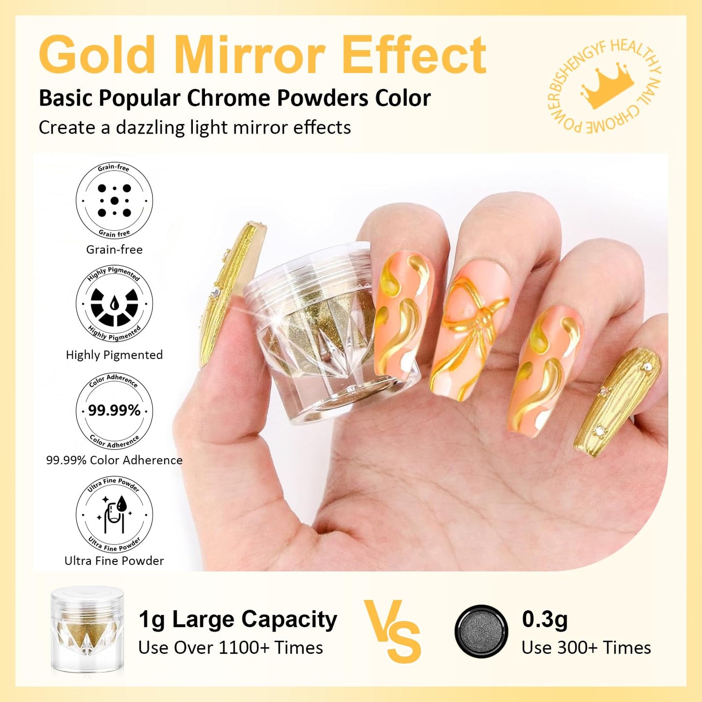 Gold Chrome Nail Powder BISHENGYF: 1g Metallic Mirror Effect Chrome Powder for Nails Manicure Decoration Reflective Pigment Gold Nail Powder for Nail Art Gel Polish Home DIY,Gifts