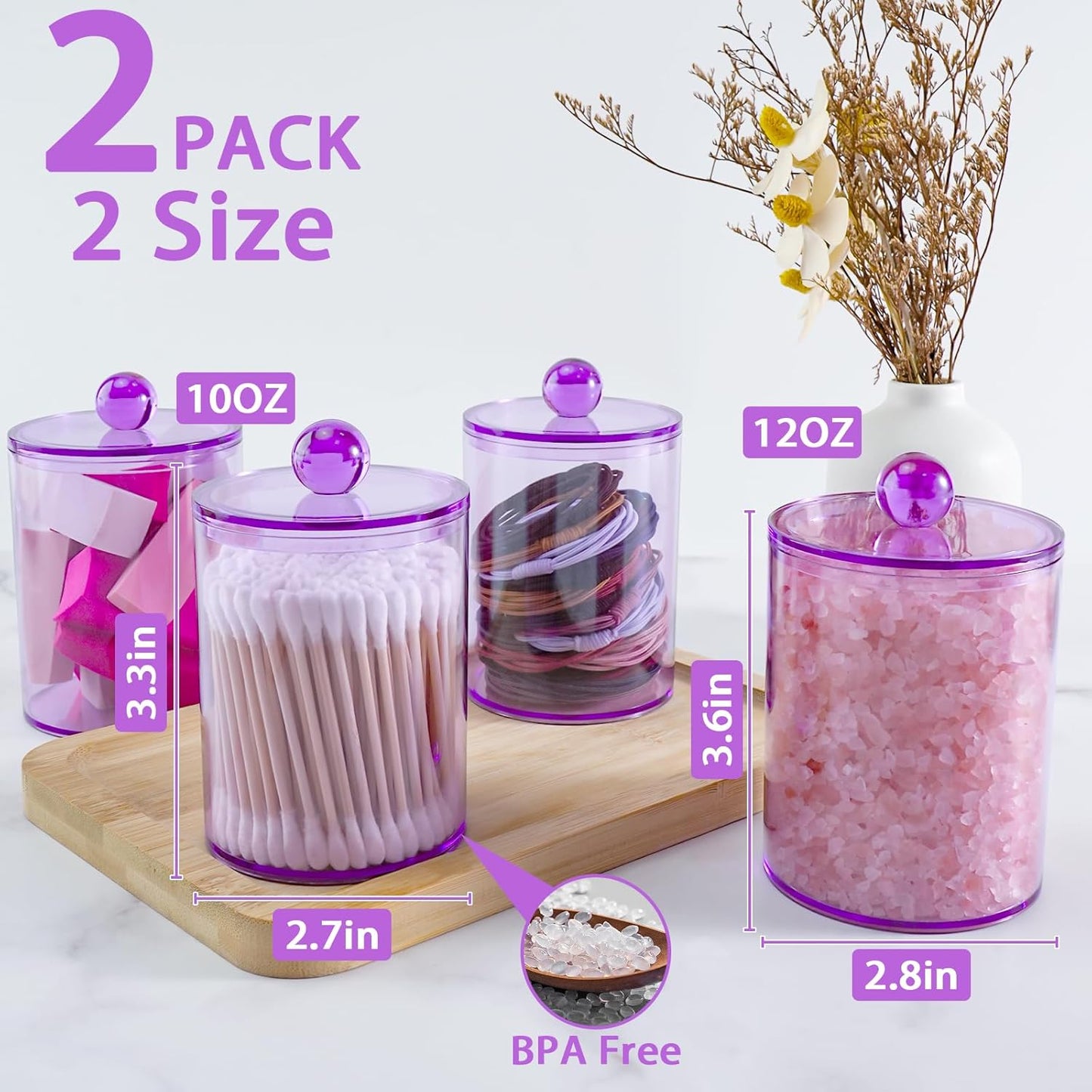 2 Pack Qtip Holder,Canister Apothecary Jar Set, Bathroom Jars with Lids Set for Cotton Swabs, Balls, Pads, Floss Picks,10oz-12oz Plastic Canisters Restroom Bedroom Vanity Organizer(Purple)