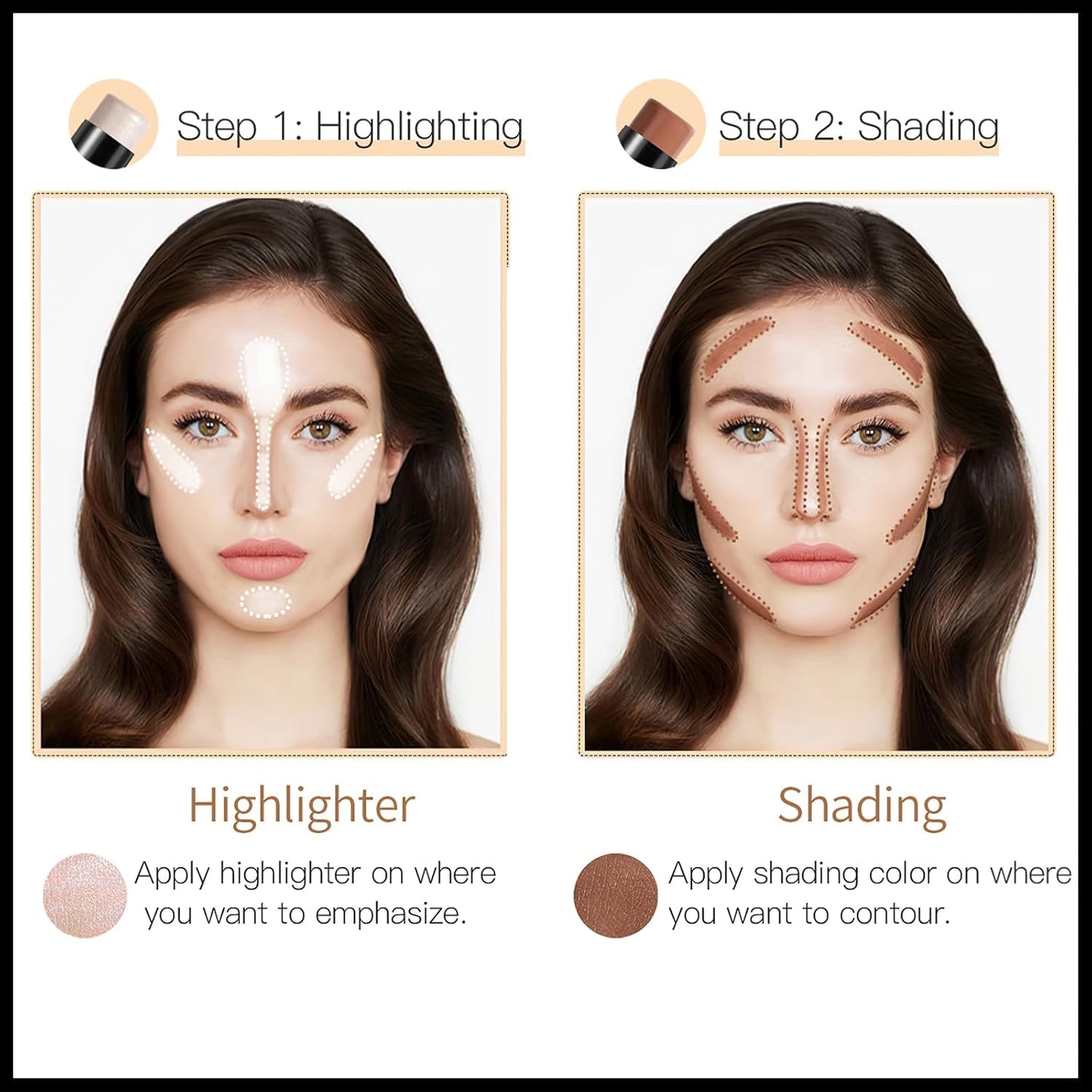 MIELIKKI 2Pcs Cream Contour Stick Makeup, Highlighter Stick and Bronzer Stick for Face Sculpting, Easy to Apply & Blend, Long Lasting, Waterproof, Matte Finish,0106