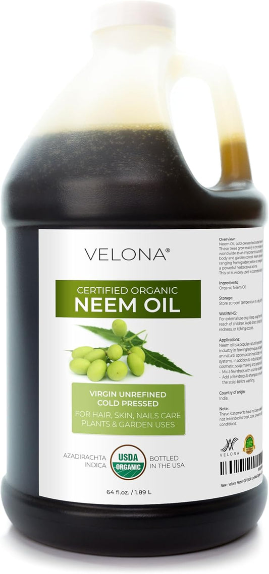 velona Neem Oil USDA Certified Organic - 64 Fl Oz | 100% Pure and Natural Carrier Oil | Virgin, Unrefined, Cold Pressed | Hair, Body and Skin Care | Use Today - Enjoy Results